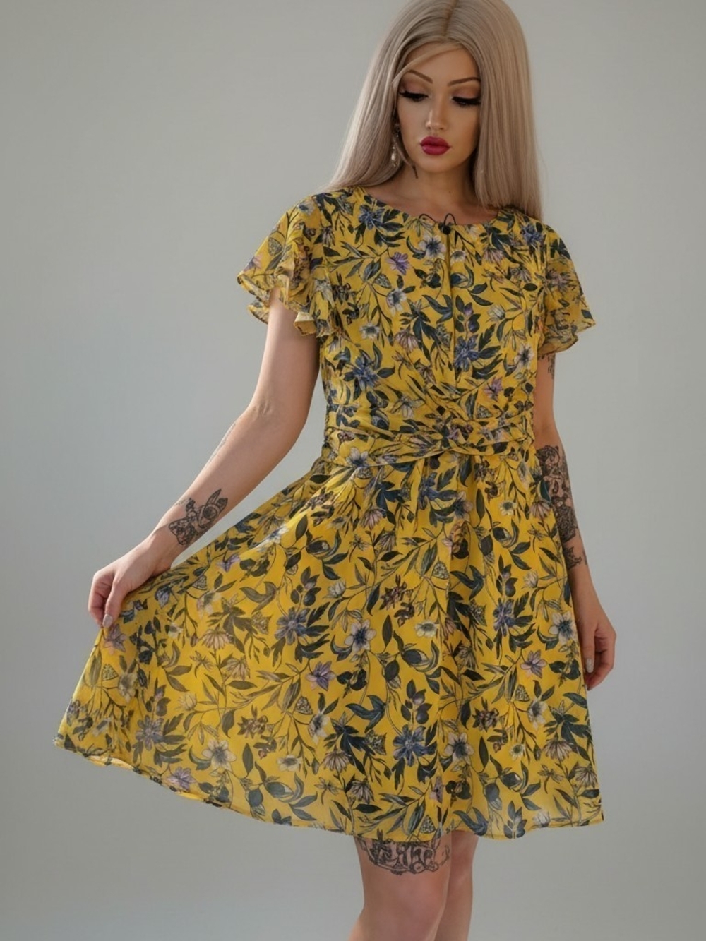 Sam Edelman Floral Fit & Flare Dress Yellow Blue Botanical Print Size 4 NWT